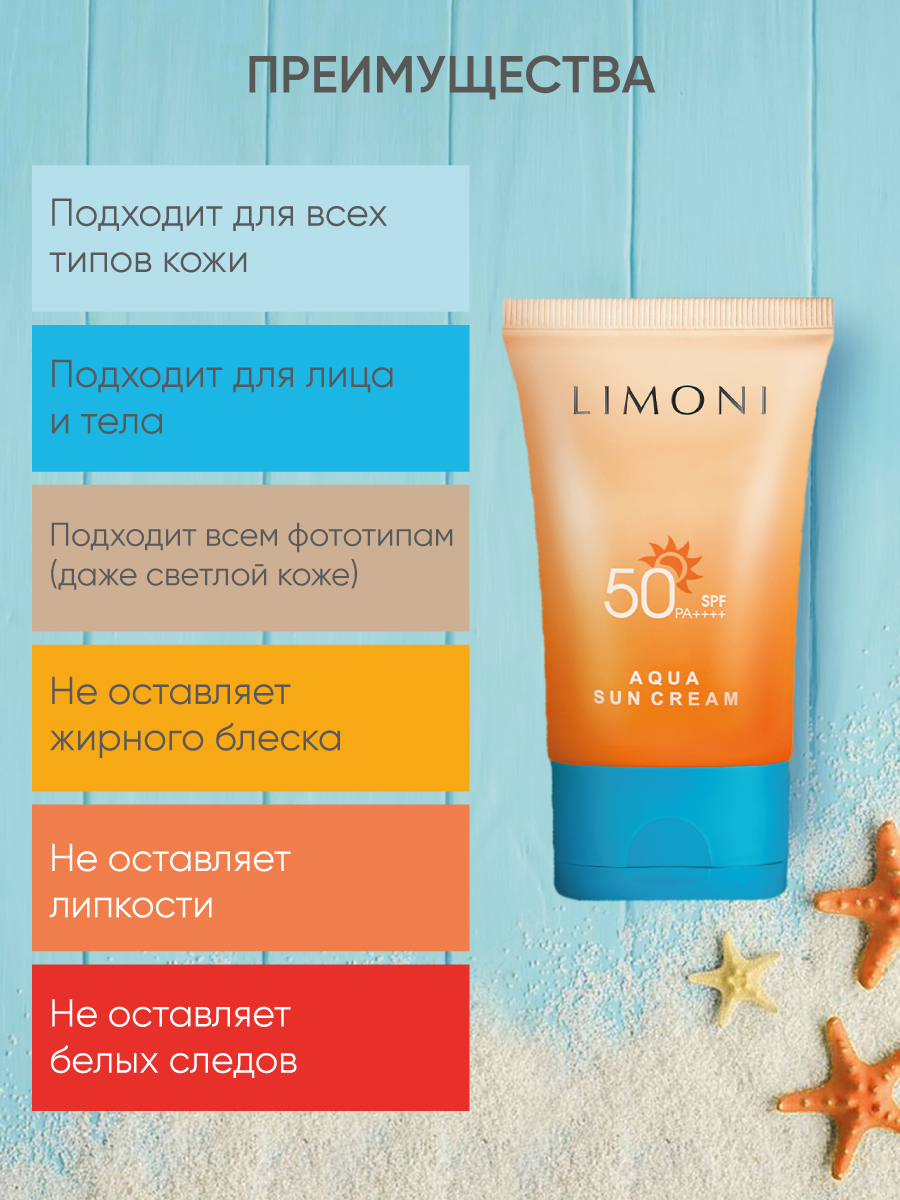 LIMONI Солнцезащитный крем SPF 50+РА++++ Aqua Sun Cream 50ml – купить в  Москве: фото, отзывы, описание | Официальный интернет-магазин