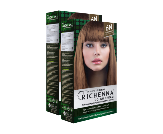 Richenna Крем-краска для волос с хной № 6N (Light Chestnut) 2 шт  Внимание! В набор входит 2 упаковки краски со сроком реализации 09/2025!, Оттенок: 6N (Light Chestnut), фото 