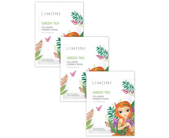 Limoni Green Tea Collagen Set toning tissue masks with green tea and collagen, 3 pcs, Количество: 3 шт, image 
